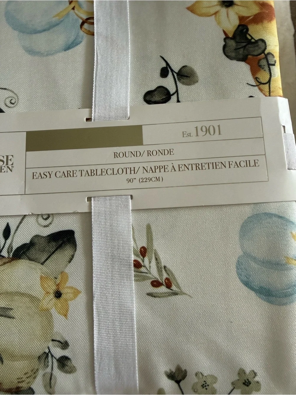 Cream& Blue Pumpkin Floral Round Tablecloth-90”- rare round tablecloth